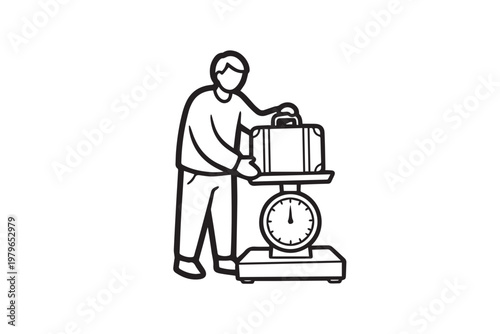 Traveler Weighing Luggage on Scale Before Flight – Airport Baggage Check Illustration for Travel Rules, Airline Policy, and Departure Preparation Content