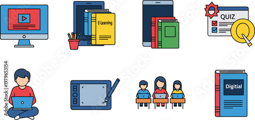 Online Learning and Education Icons Set Featuring Computer, Books, Quiz, Tablet, Student, Digital Learning, and Educational Tools for E-Learning Designs