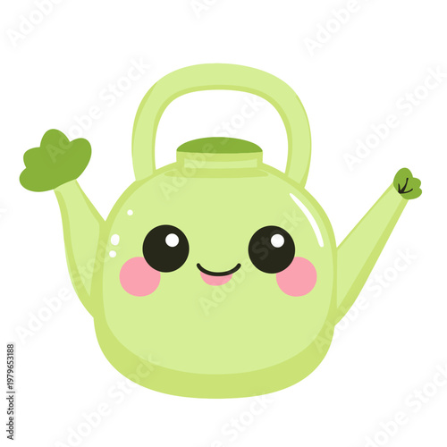 Cute animated green watering can with a happy face, waving with leafy appendages