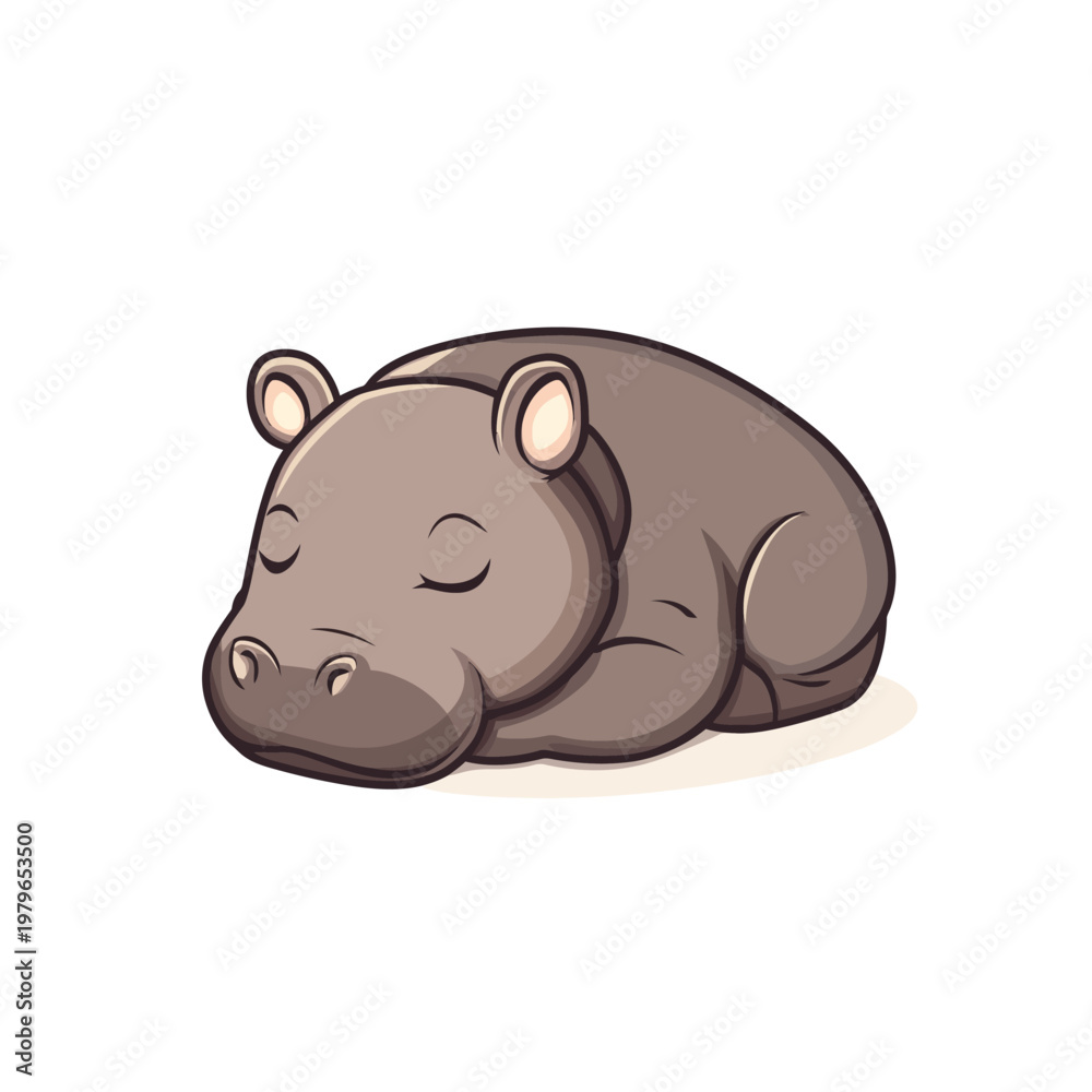 Fototapeta premium A cute cartoon representation of a napping hippopotamus. Features closed eyes, in shades of gray
