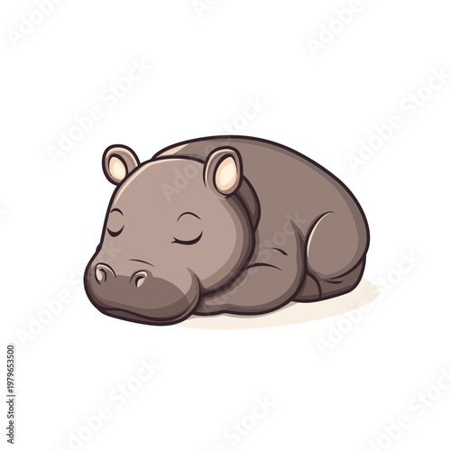 A cute cartoon representation of a napping hippopotamus. Features closed eyes, in shades of gray
