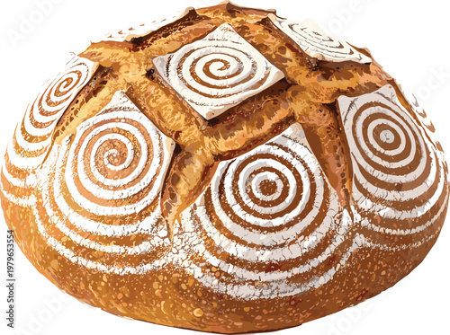 Freshly baked sourdough bread loaf with decorative spiral flour patterns and crusty cross score isolated on white background high quality vector illustration for bakery