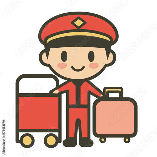 A cartoon character wearing a red uniform and hat, smiling, holding luggage and a cart