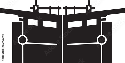 Symmetrical black silhouette of a canal lock gate or industrial floodgate mechanism