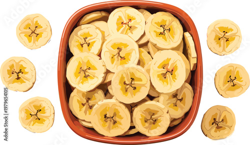 Top view of a brown bowl filled with fresh banana slices and scattered fruit pieces isolated on white background high quality vector illustration