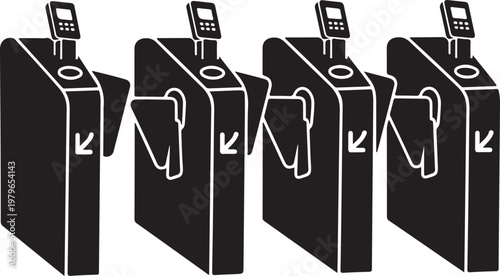 Row of black and white silhouette turnstiles with ticket scanners and directional arrow symbols for public transport access control