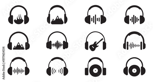 Diverse Collection of Black Headphone Silhouette Icons for Audio and Music