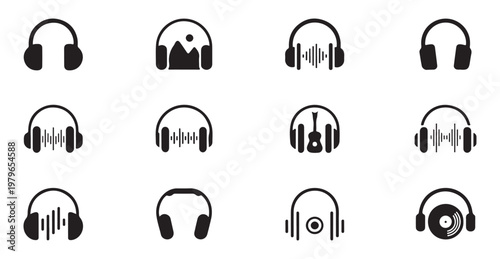 Music headphones icons set. Collection of audio, sound, and entertainment symbols with various musical elements.