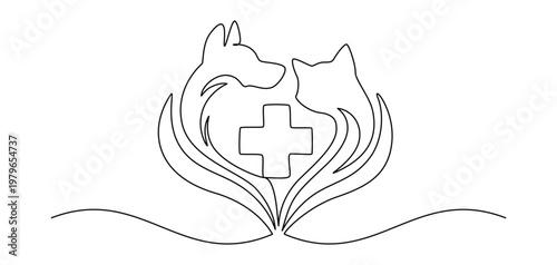 One continuous line art of cat and dog sitting together. Modern pet illustration for veterinary clinic logo. Minimalist outline drawing with cute animals insimple stroke style.