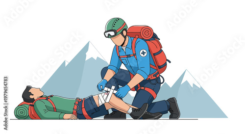 Mountain rescuer applying bandage to injured hiker lying on rocky terrain