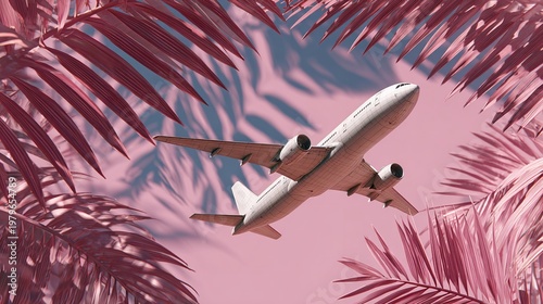 Airplane flying against a background of pink leaves and sky, travel concept