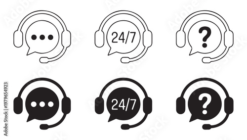 Customer Assistance and Help Desk Icon Set with Headsets and Chat Bubbles