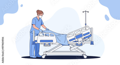 Nurse Adjusting Hospital Bed with Patient in Protective Gear, Medical Care Concept