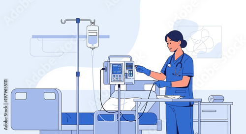 Nurse Adjusting Medical Equipment in Hospital Room with Patient Bed and IV Drip