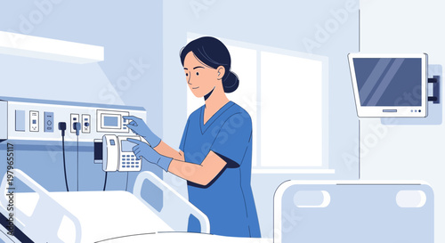 Nurse Adjusting Medical Equipment in Hospital Room Next to Patient Bed