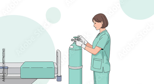 Nurse Adjusting Oxygen Tank Near Medical Bed in Hospital Room