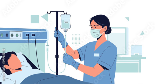 Nurse Adjusts IV Drip for Patient in Hospital Bed, Medical Care Concept