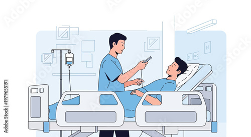 Nurse Adjusts IV Drip for Patient in Hospital Bed, Medical Care Concept
