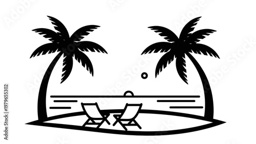 Tropical Beach Paradise: Palm Trees, Lounge Chairs, Ocean Sunset