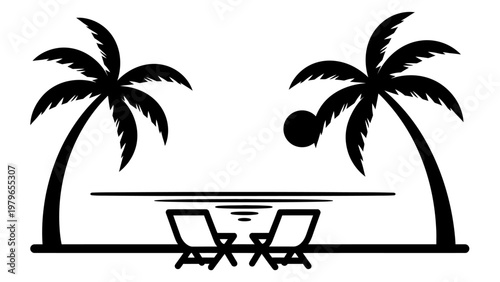 Tropical Paradise: Palm Trees, Beach Chairs, and Sunset Over the Ocean