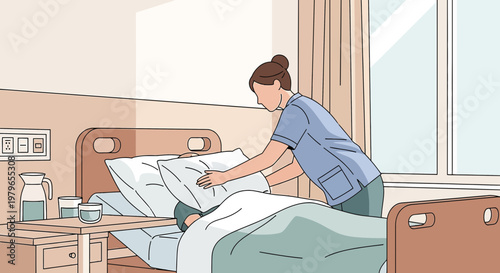 Nurse Adjusts Pillow for Patient in Hospital Bed, Caring Hands