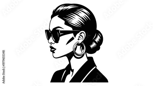 Chic Woman Profile Portrait, Sunglasses, Elegant Hairstyle, Hoop Earrings, Business Blazer, Black and White