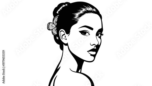 Elegant Woman Portrait, Black and White, Retro Style, Looking Over Shoulder