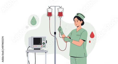 Nurse Administering Blood Transfusion with Medical Equipment and Droplets