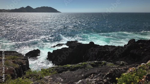 View of the Cies Islands, Atlantic Ocean, Galicia, Spain, beautiful seascape on a bright sunny day