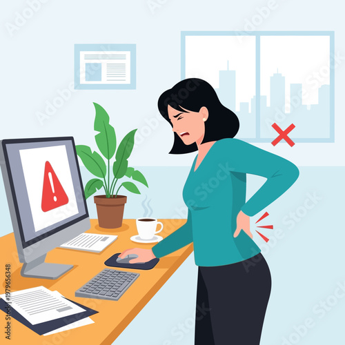 Woman with back pain at computer, warning sign on screen, office ergonomics concept
