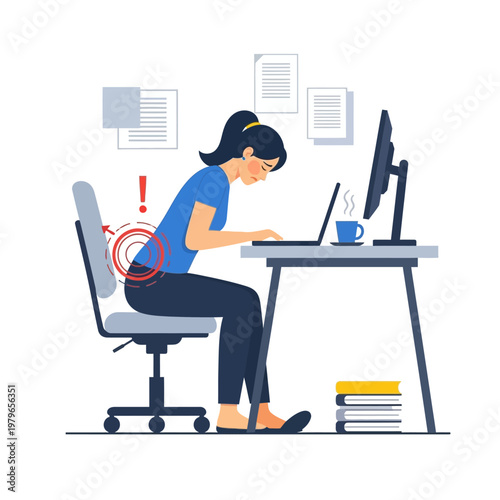 Woman with back pain at computer desk, poor posture, office worker discomfort, health issue
