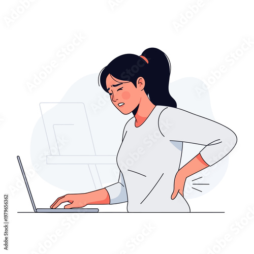 Woman with back pain working on laptop, poor posture, office discomfort, sedentary lifestyle