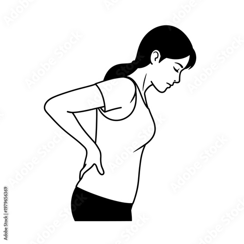 Woman with back pain, holding her lower back, suffering from discomfort and ache