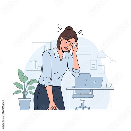 Woman with headache holding her head in office, feeling unwell, stressed, tired