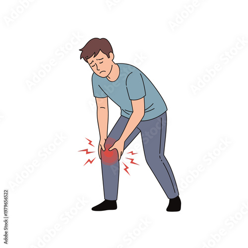 Man holding knee in pain, suffering from injury or joint problem, red inflammation