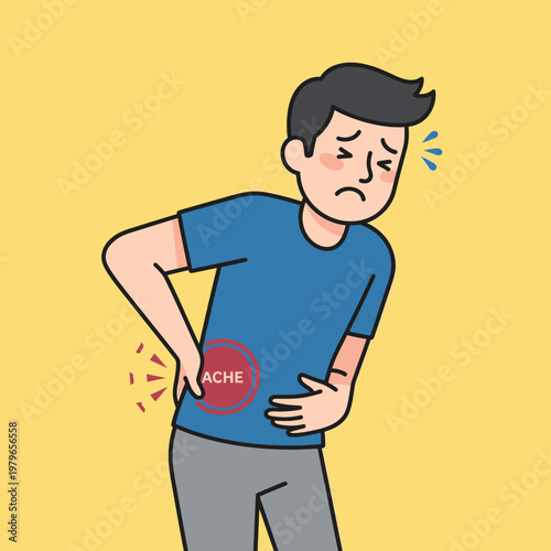 Man suffering from back pain, holding his aching lower back with a distressed expression