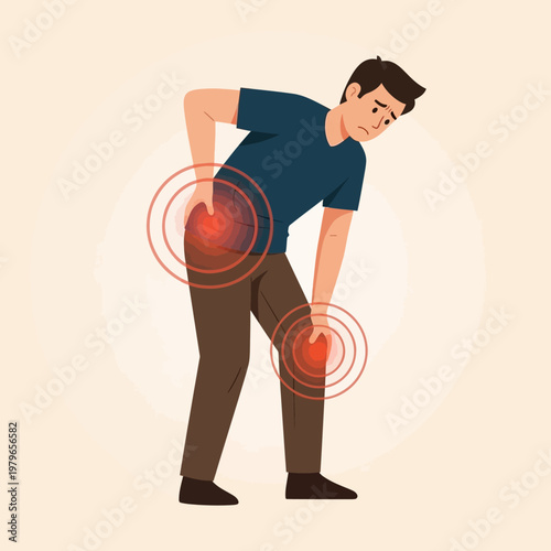 Man suffering from hip and knee pain, joint inflammation, medical concept