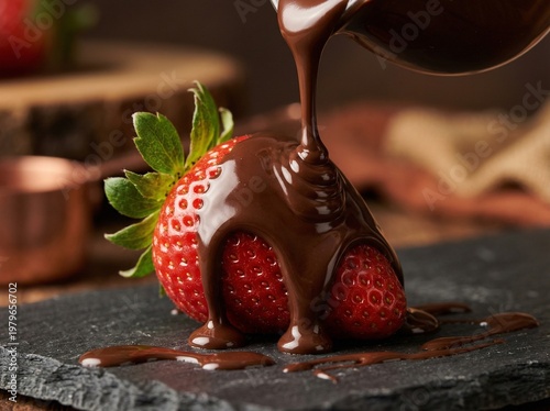 Slow motion melted dark chocolate pouring over fresh juicy strawberry with splashes on studio background, gourmet dessert closeup