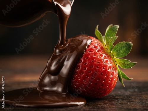 Slow motion melted dark chocolate pouring over fresh juicy strawberry with splashes on studio background, gourmet dessert closeup