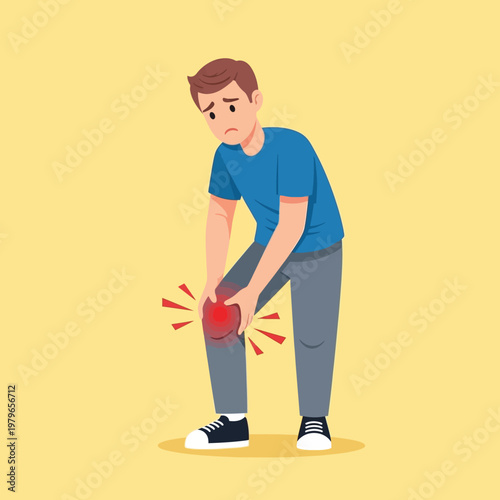 Man with Knee Pain, Holding His Leg with Red Inflammation and Discomfort