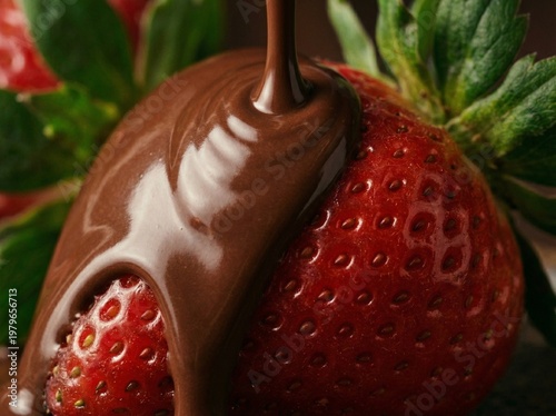 Slow motion melted dark chocolate pouring over fresh juicy strawberry with splashes on studio background, gourmet dessert closeup