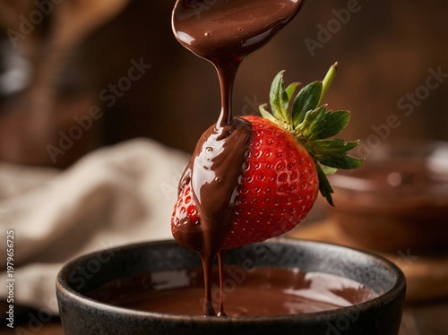 Slow motion melted dark chocolate pouring over fresh juicy strawberry with splashes on studio background, gourmet dessert closeup
