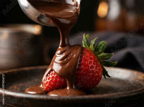 Slow motion melted dark chocolate pouring over fresh juicy strawberry with splashes on studio background, gourmet dessert closeup
