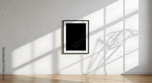 Modern Wall Art Mockup with Vertical Black Poster Frame on White Textured Wall, Minimalist Interior Scene with Hardwood Floor and Abstract Window Sunlight Shadows