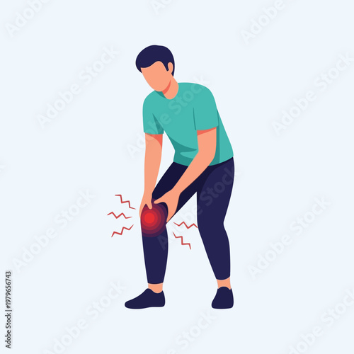 Man with Knee Pain, Holding His Leg, Red Inflammation Symbol