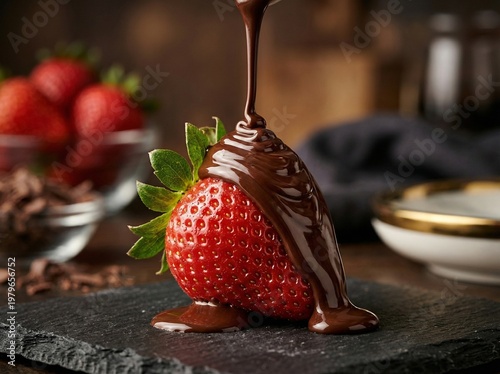 Slow motion melted dark chocolate pouring over fresh juicy strawberry with splashes on studio background, gourmet dessert closeup