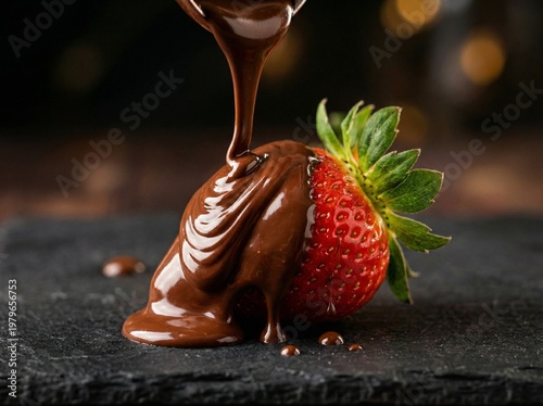 Slow motion melted dark chocolate pouring over fresh juicy strawberry with splashes on studio background, gourmet dessert closeup