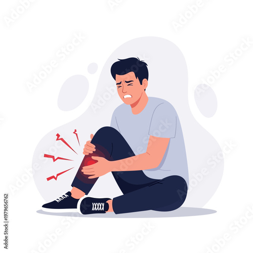 Man with knee pain, injury, and inflammation, sitting on floor, red pain symbols