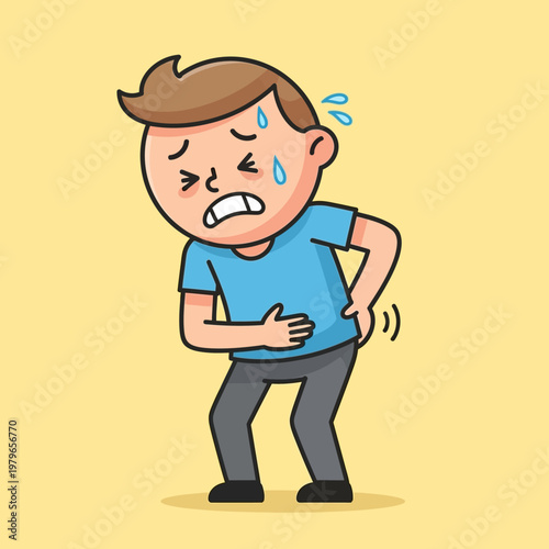 Man with stomach ache, holding his belly in pain, sweating, feeling sick, cartoon illustration