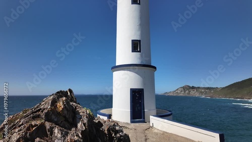 View of the Lighthouse in Cape Home, Pontevedra, Atlantic Ocean, Galicia, Spain, beautiful seascape on a bright sunny day